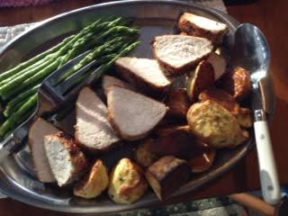 roast pork loin, asparagus, roasted potatoes
