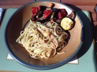 Carbonara pasta, Roasted veg w: Barbera d'Alba
